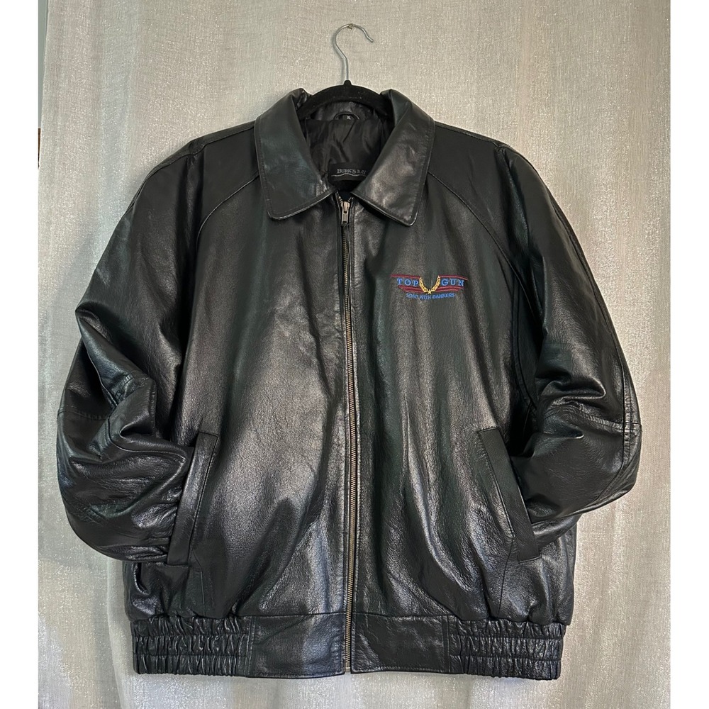 Burks Bay Top Gun Leather Bomber Jacket Full Zip‎ Black XL
